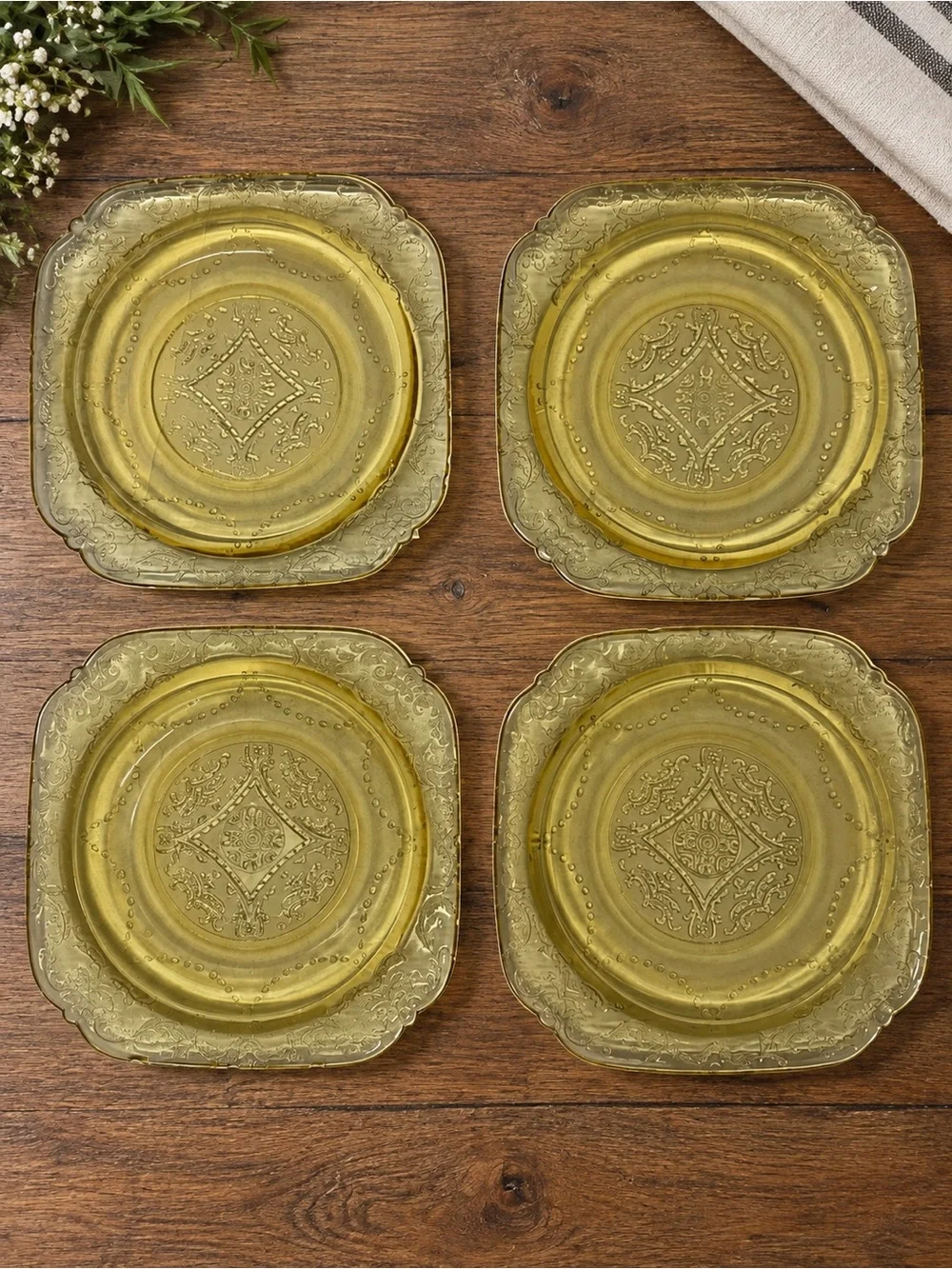 Vintage Amber Depression Glass Plates Set of 4 Square Ornate Scroll 6”